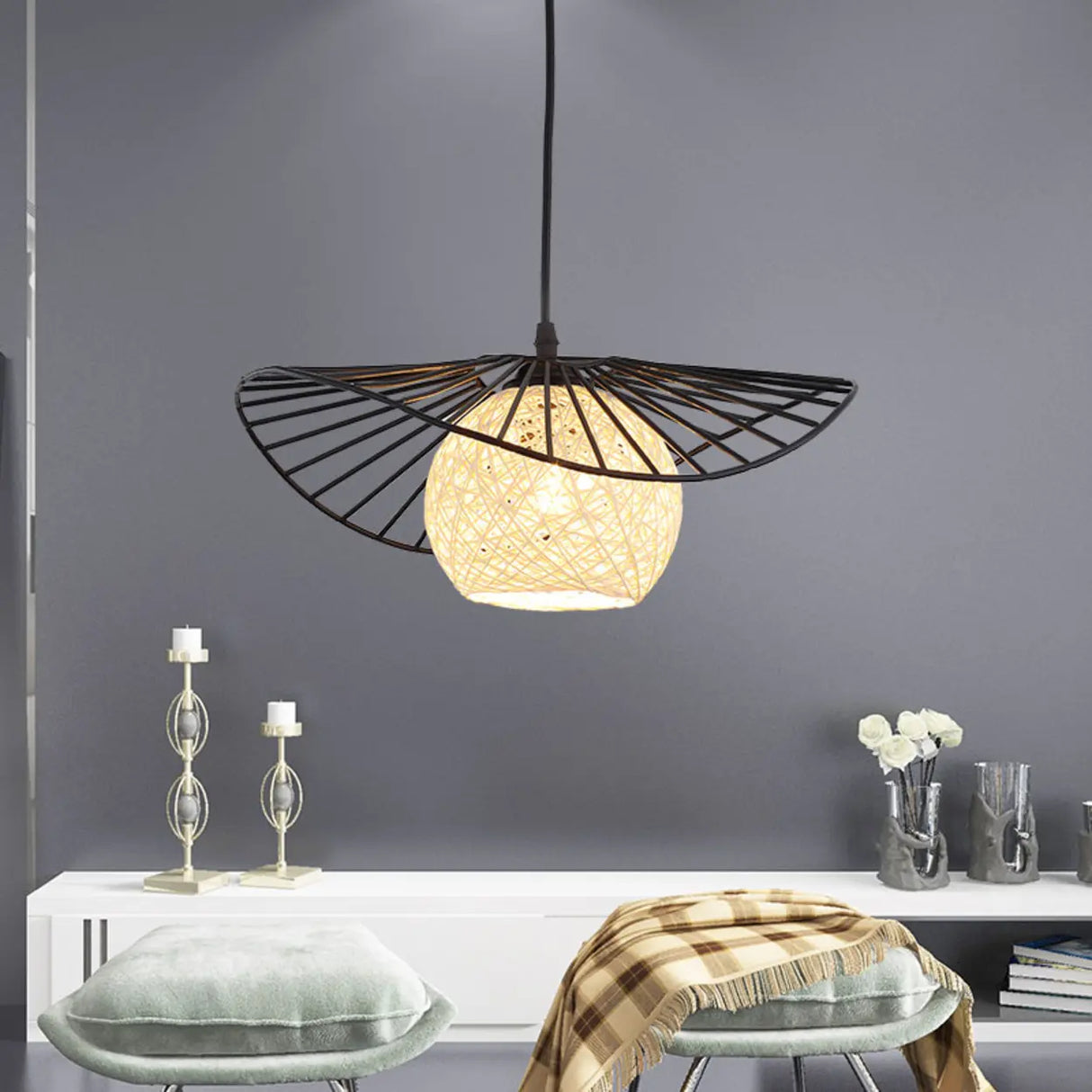 Modern Abstract Wireframe Woven Globe Pendant Light Image - 1