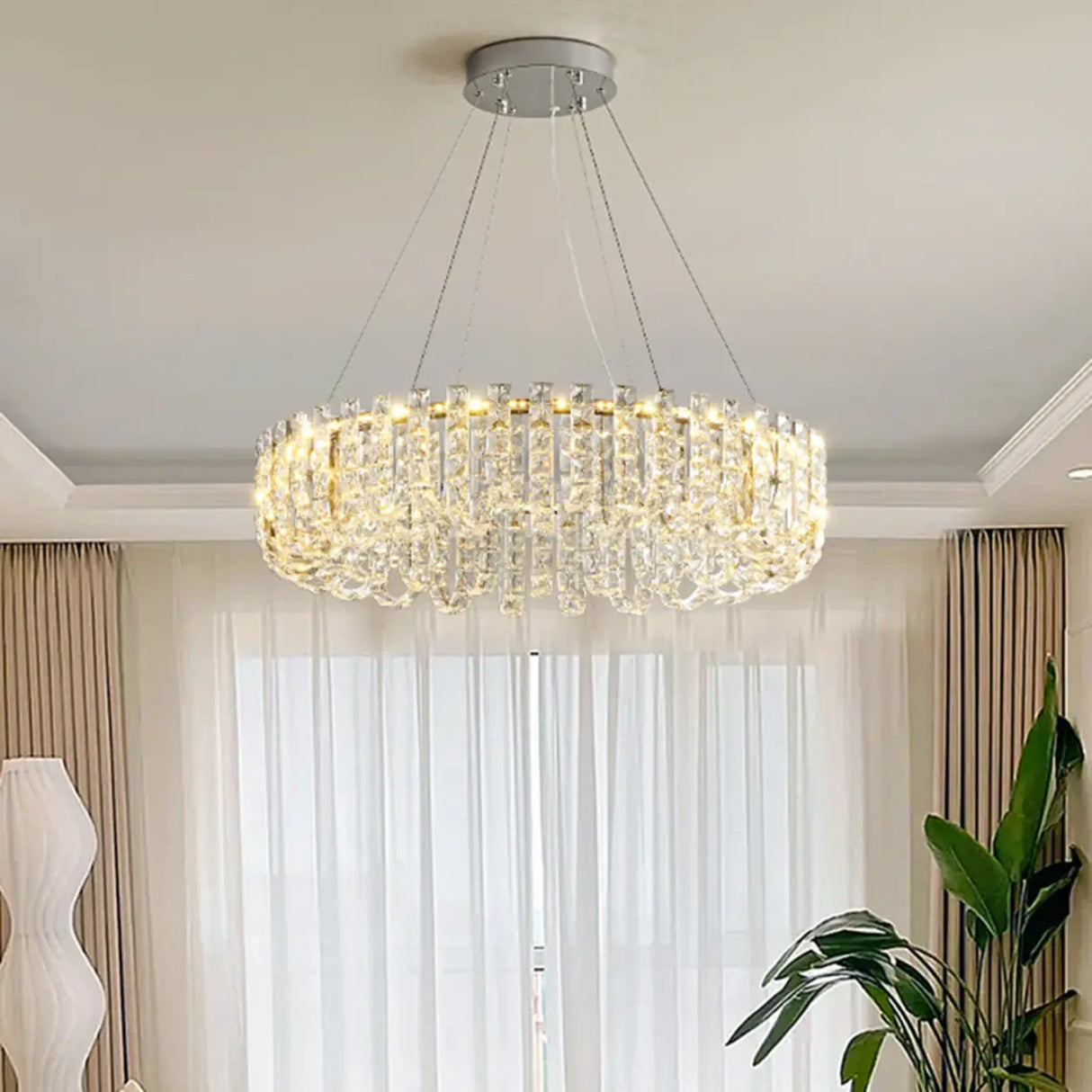 Modern Adjustable Height Drum Round Crystal Chandelier Image - 1