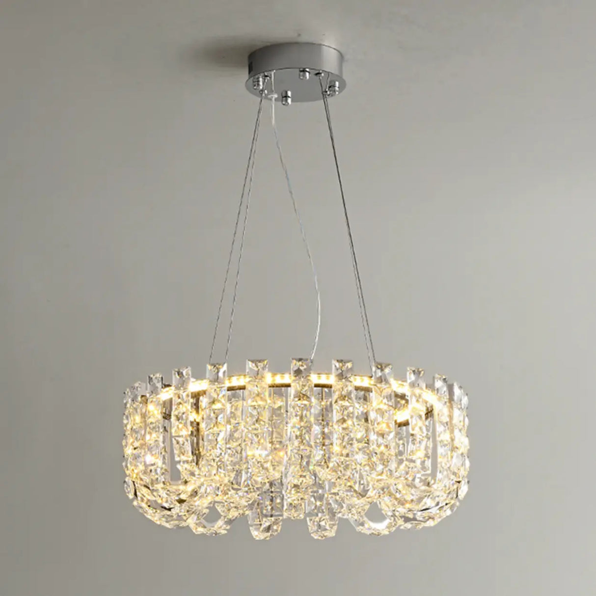 Modern Adjustable Height Drum Round Crystal Chandelier Image - 3