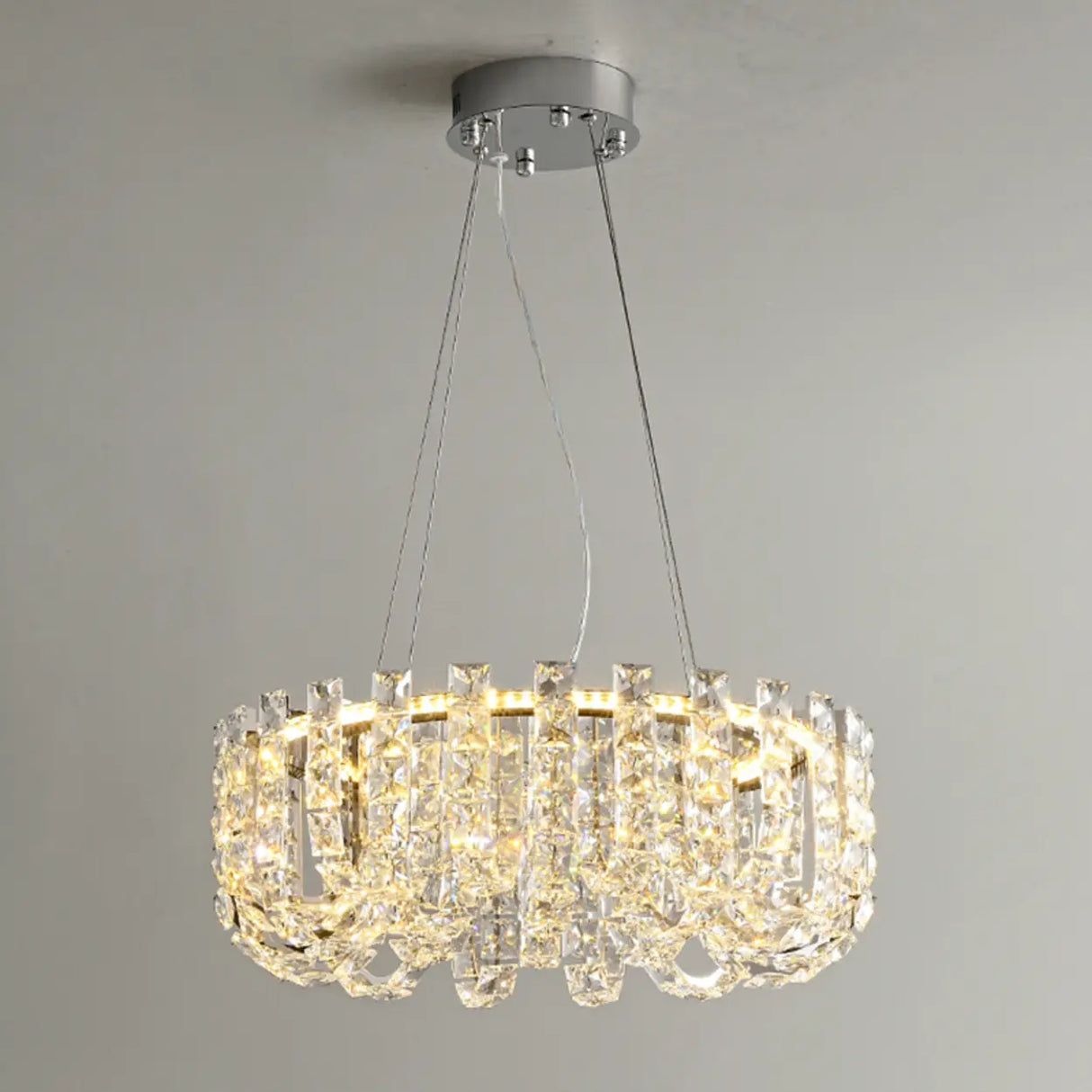 Modern Adjustable Height Drum Round Crystal Chandelier Image - 4