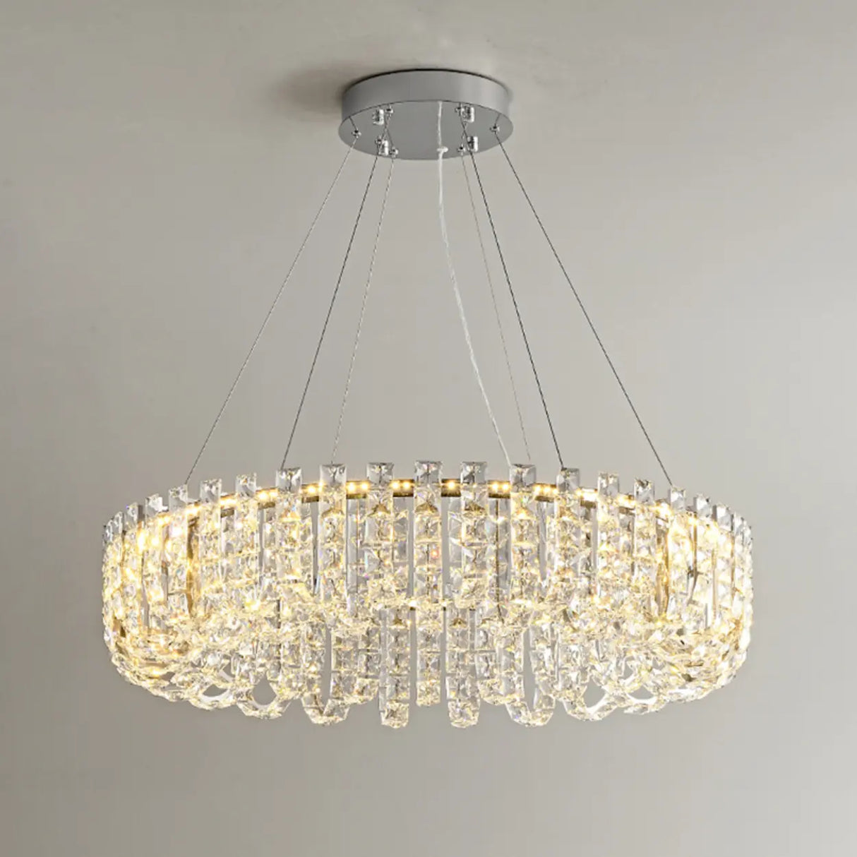 Modern Adjustable Height Drum Round Crystal Chandelier Image - 7