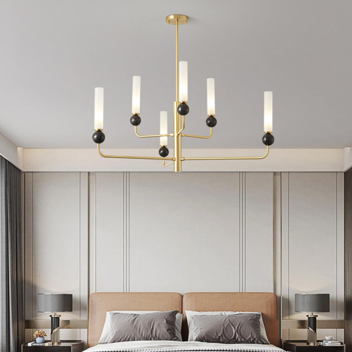 Modern Adjustable Height Geometric Brass Acrylic Chandelier Image - 1