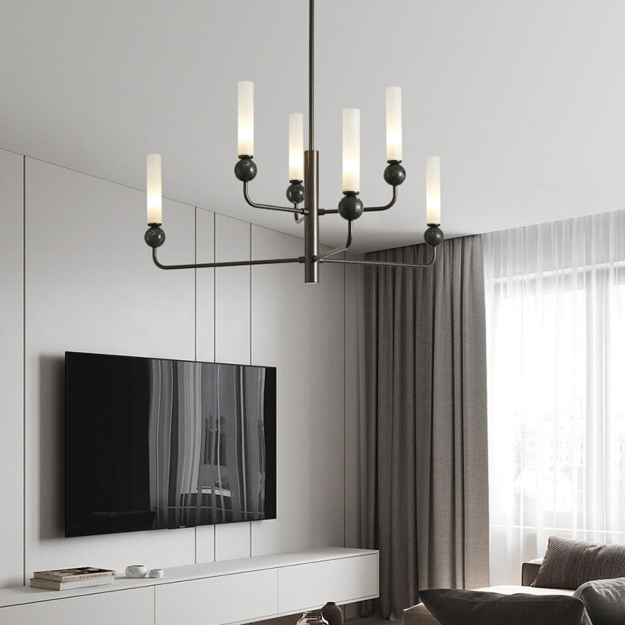 Modern Adjustable Height Geometric Brass Acrylic Chandelier Image - 17