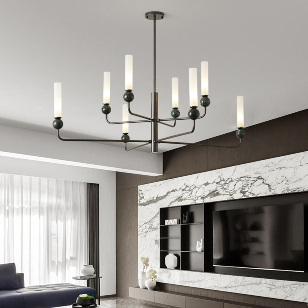 Modern Adjustable Height Geometric Brass Acrylic Chandelier Image - 6