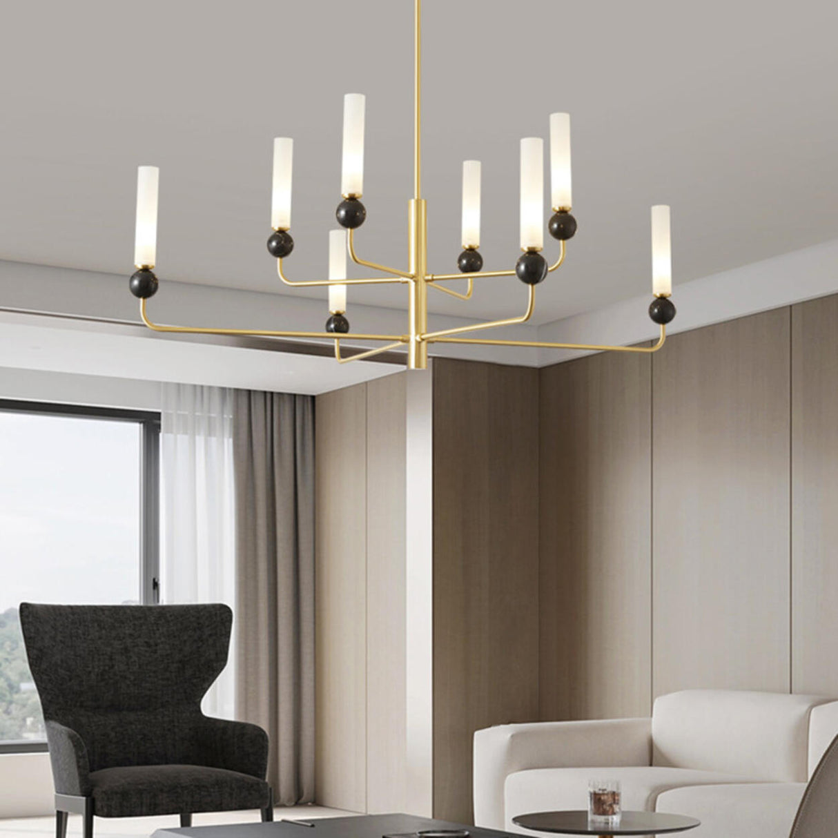 Modern Adjustable Height Geometric Brass Acrylic Chandelier Image - 8