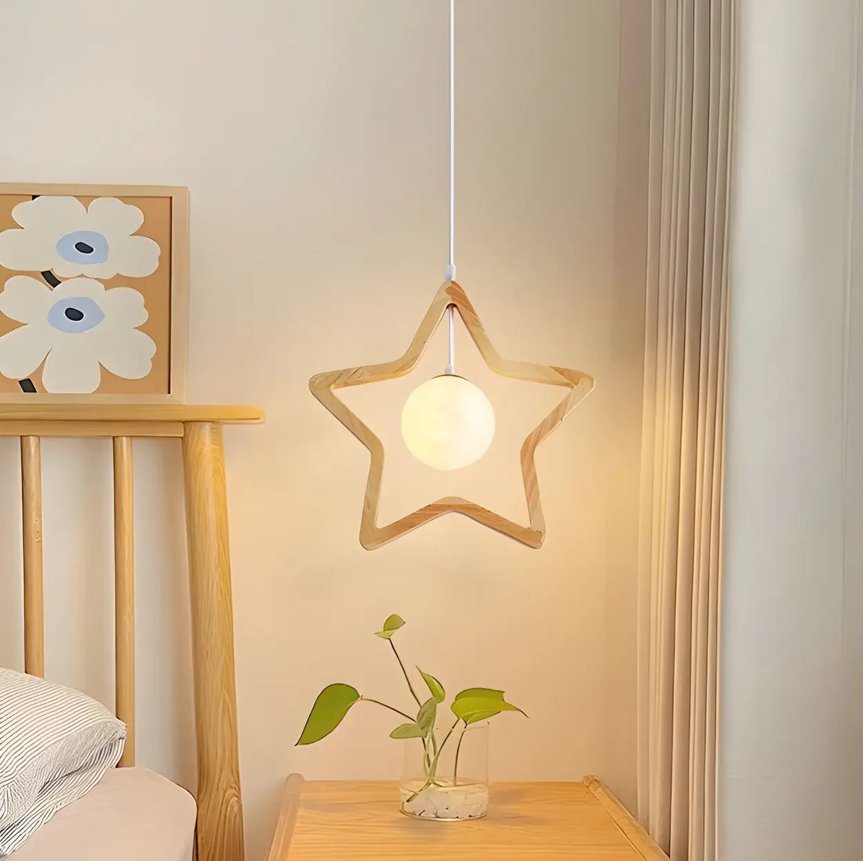 Modern Adjustable Height Wood Star Bedroom Pendant Light Image - 3