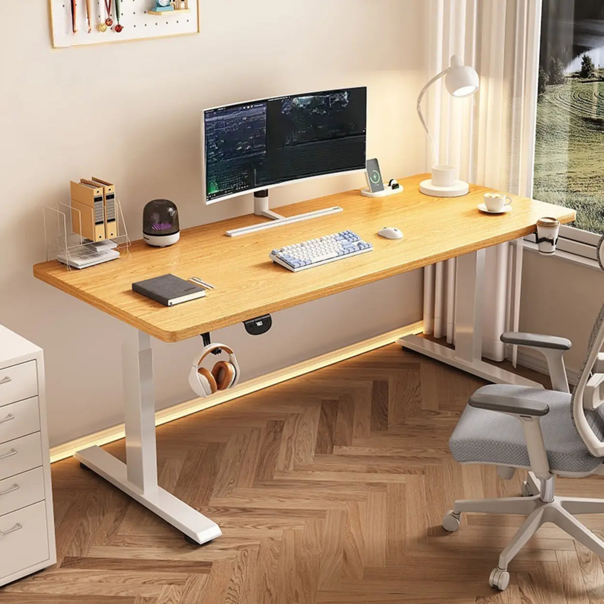 Modern Adjustable Rectangle Wood T-Shape Standing Desk Image - 5
