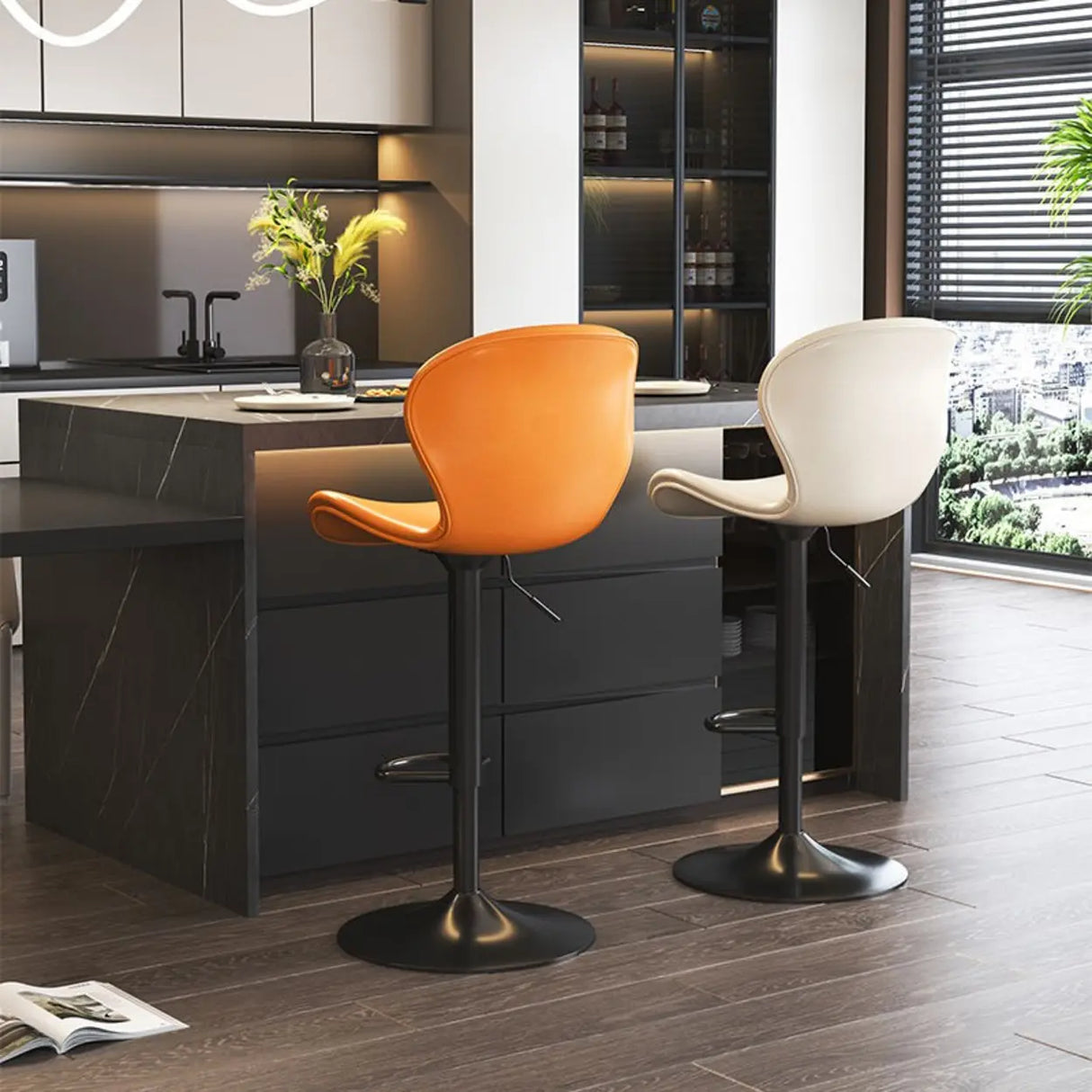 Modern Adjustable Swivel Orange Saddle Bar Stool with Footrest Image - 3