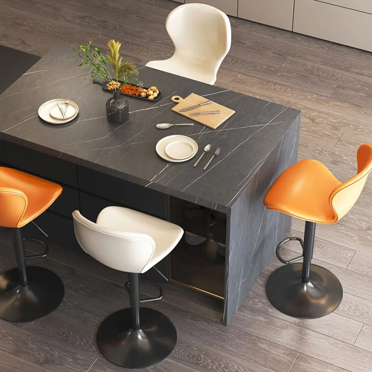 Modern Adjustable Swivel Orange Saddle Bar Stool with Footrest Image - 6