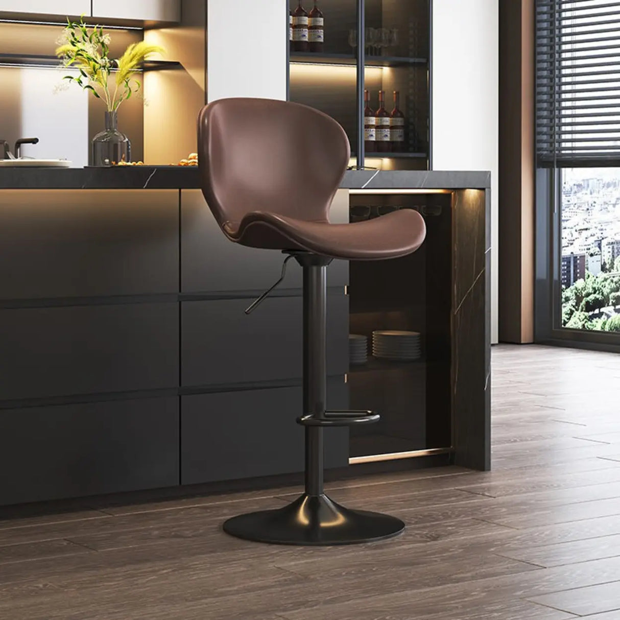 Modern Adjustable Swivel Orange Saddle Bar Stool with Footrest Image - 7