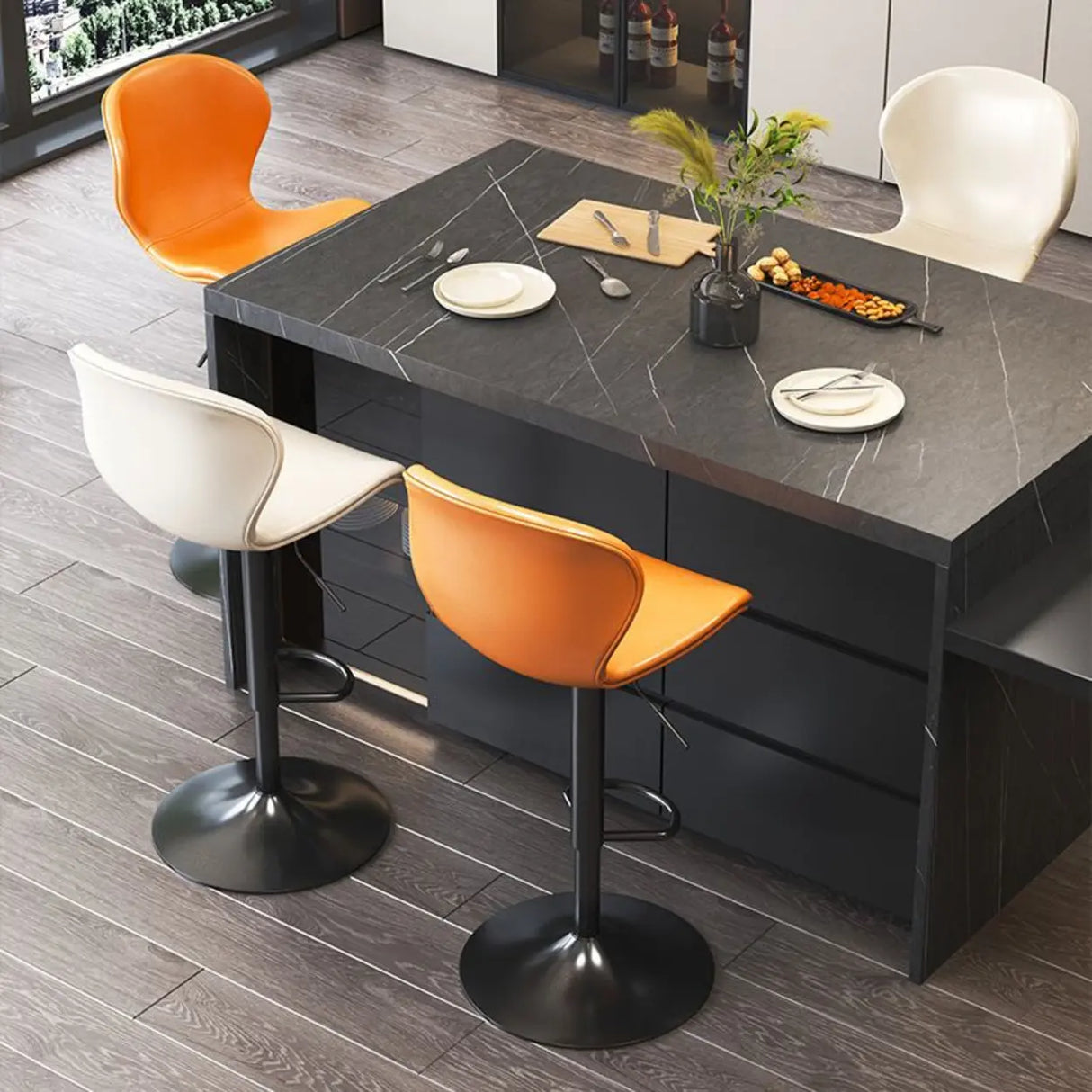 Modern Adjustable Swivel Orange Saddle Bar Stool with Footrest Image - 8