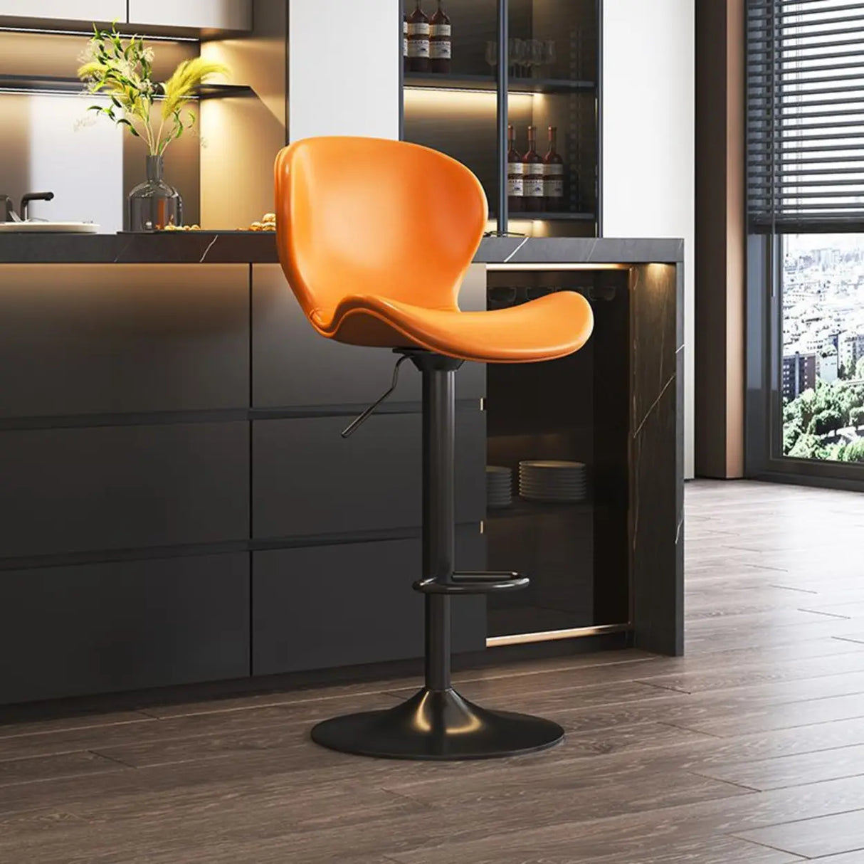 Modern Adjustable Swivel Orange Saddle Bar Stool with Footrest Image - 9