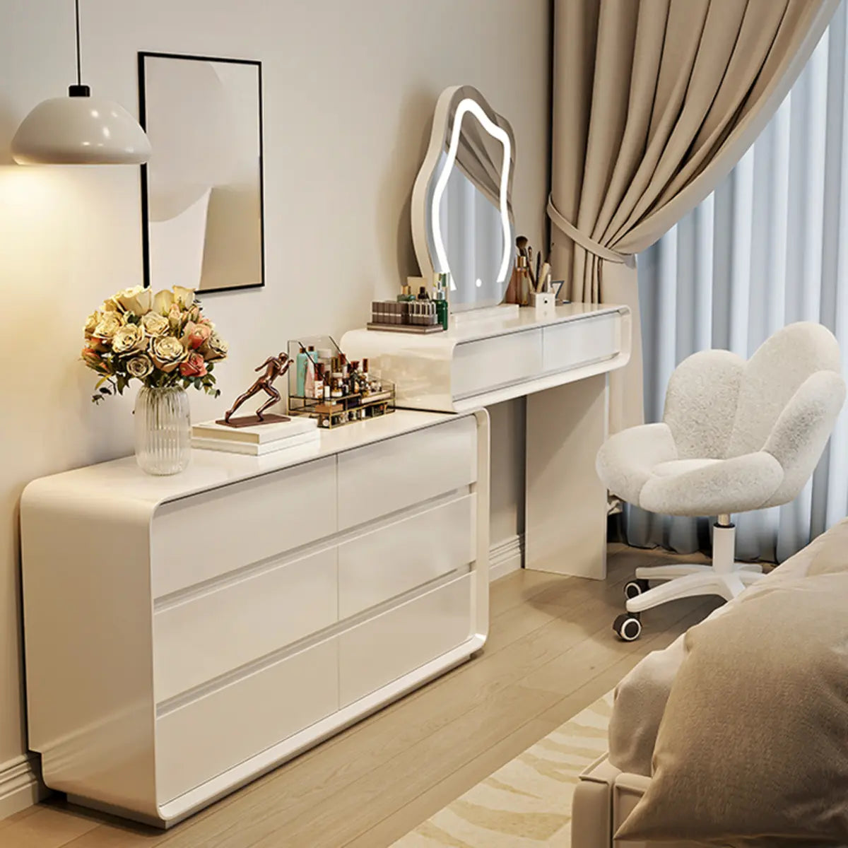 Modern Adjustable Wood Bedroom White Large 5 Drawers Vanity Image - 1