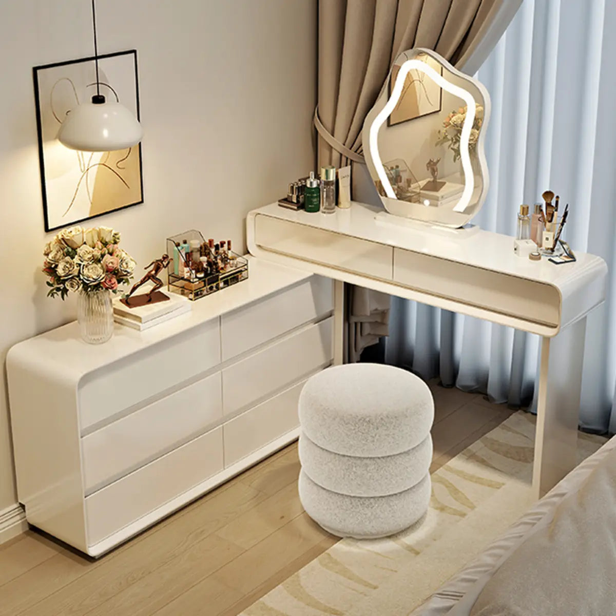 Modern Adjustable Wood Bedroom White Large 5 Drawers Vanity Image - 2