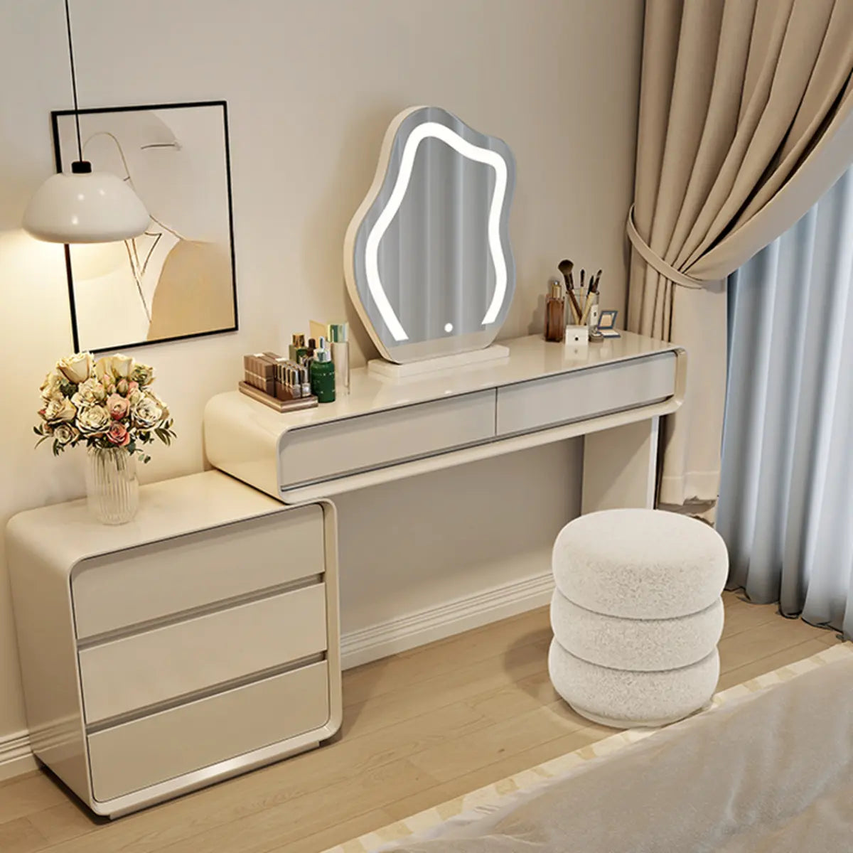 Modern Adjustable Wood Bedroom White Large 5 Drawers Vanity Image - 3