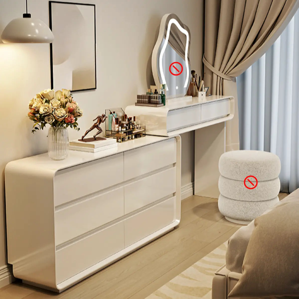 Modern Adjustable Wood Bedroom White Large 5 Drawers Vanity Image - 5