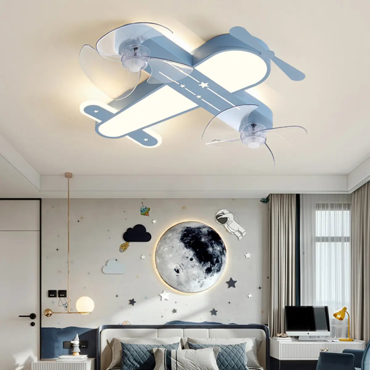 Flush Mount Kids Room Airplane Ceiling Fan with Light Image - 1