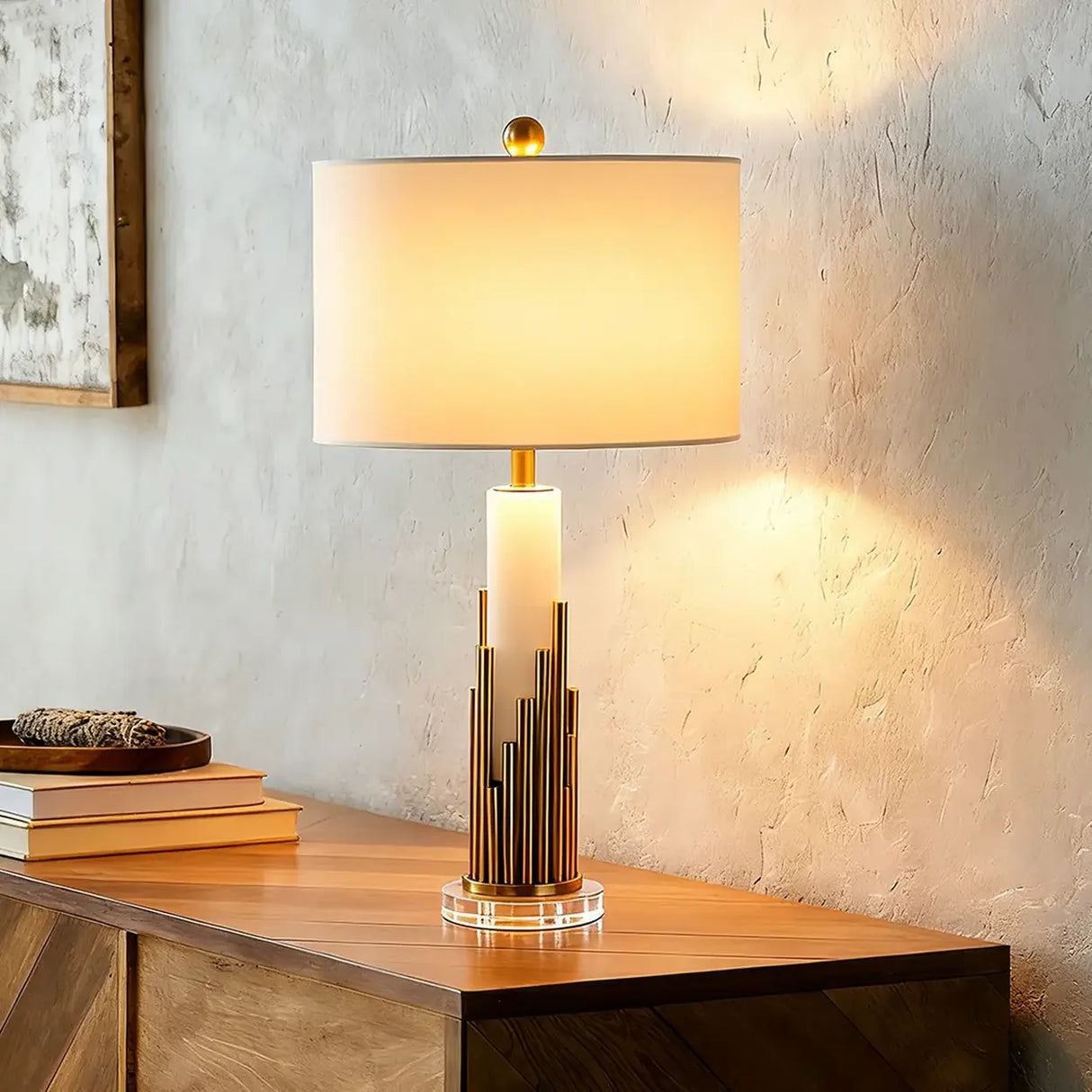 Modern Alabaster Stone Cylindrical White Shade LED Table Lamp Image - 3