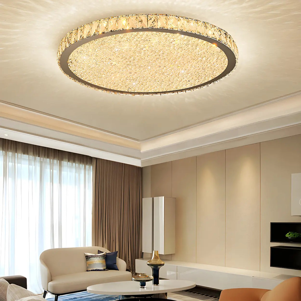 Modern Amber Round Crystal LED Flush Mount Ceiling Lamp Image - 5