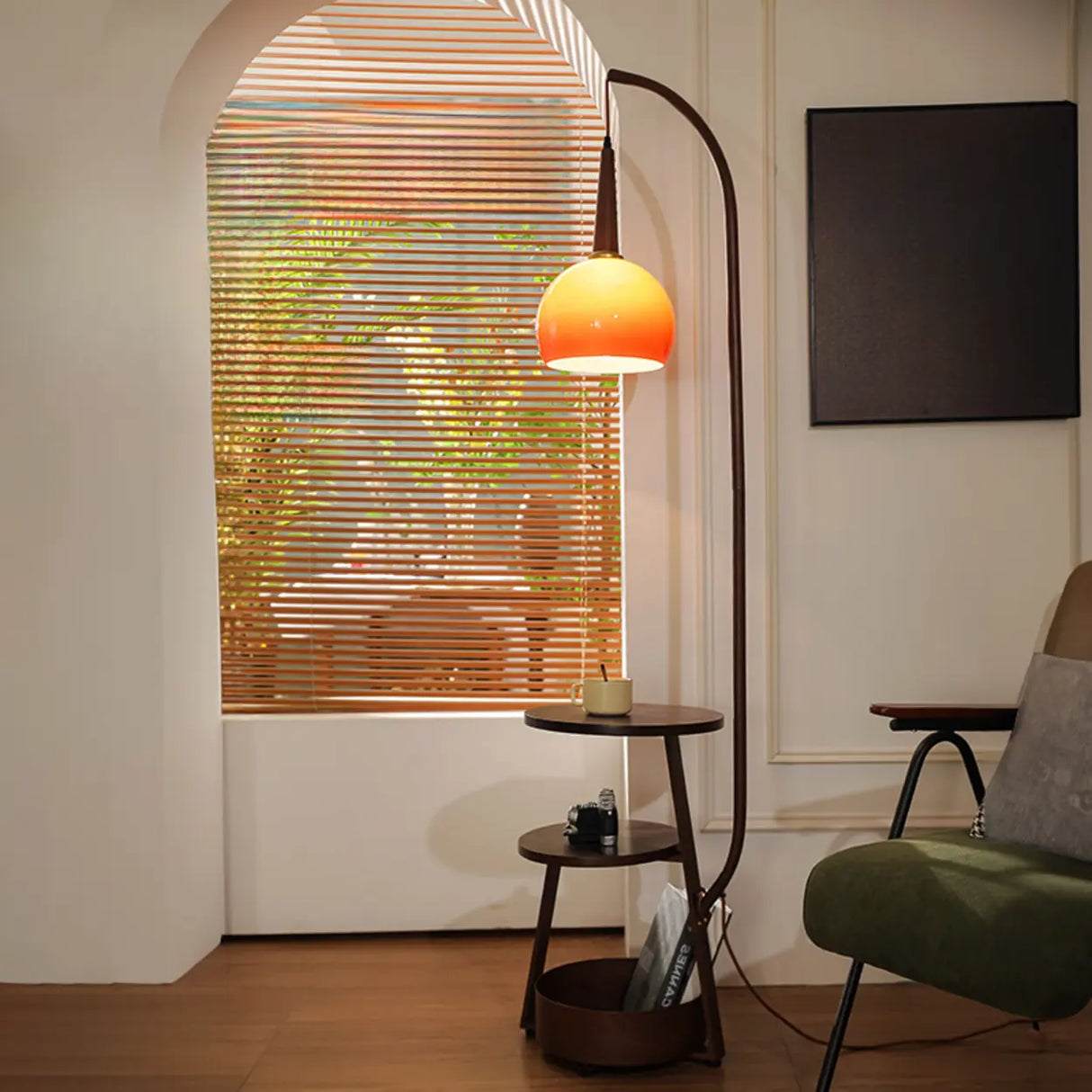 Modern Arc Alloy Floor Lamp with Glass Shade and Shelves Walnut 20 Inch+ Living Room Lighting 1 Bulb Image - 1