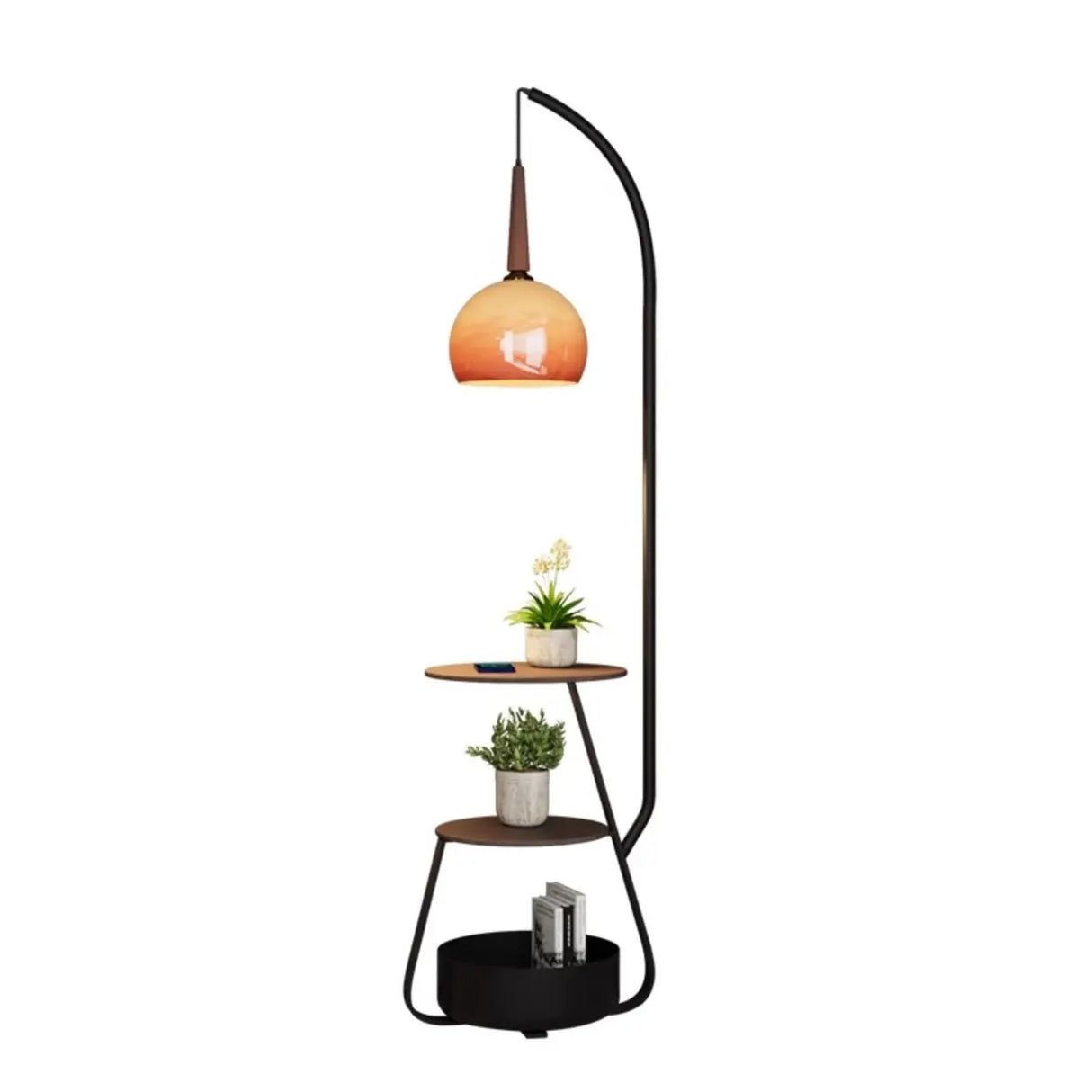 Modern Arc Alloy Floor Lamp with Glass Shade and Shelves Walnut 20 Inch+ Living Room Lighting 1 Bulb Image - 2