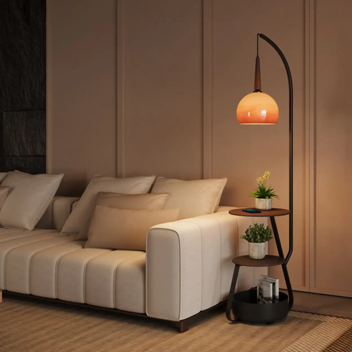Modern Arc Alloy Floor Lamp with Glass Shade and Shelves Walnut 20 Inch+ Living Room Lighting 1 Bulb Image - 3