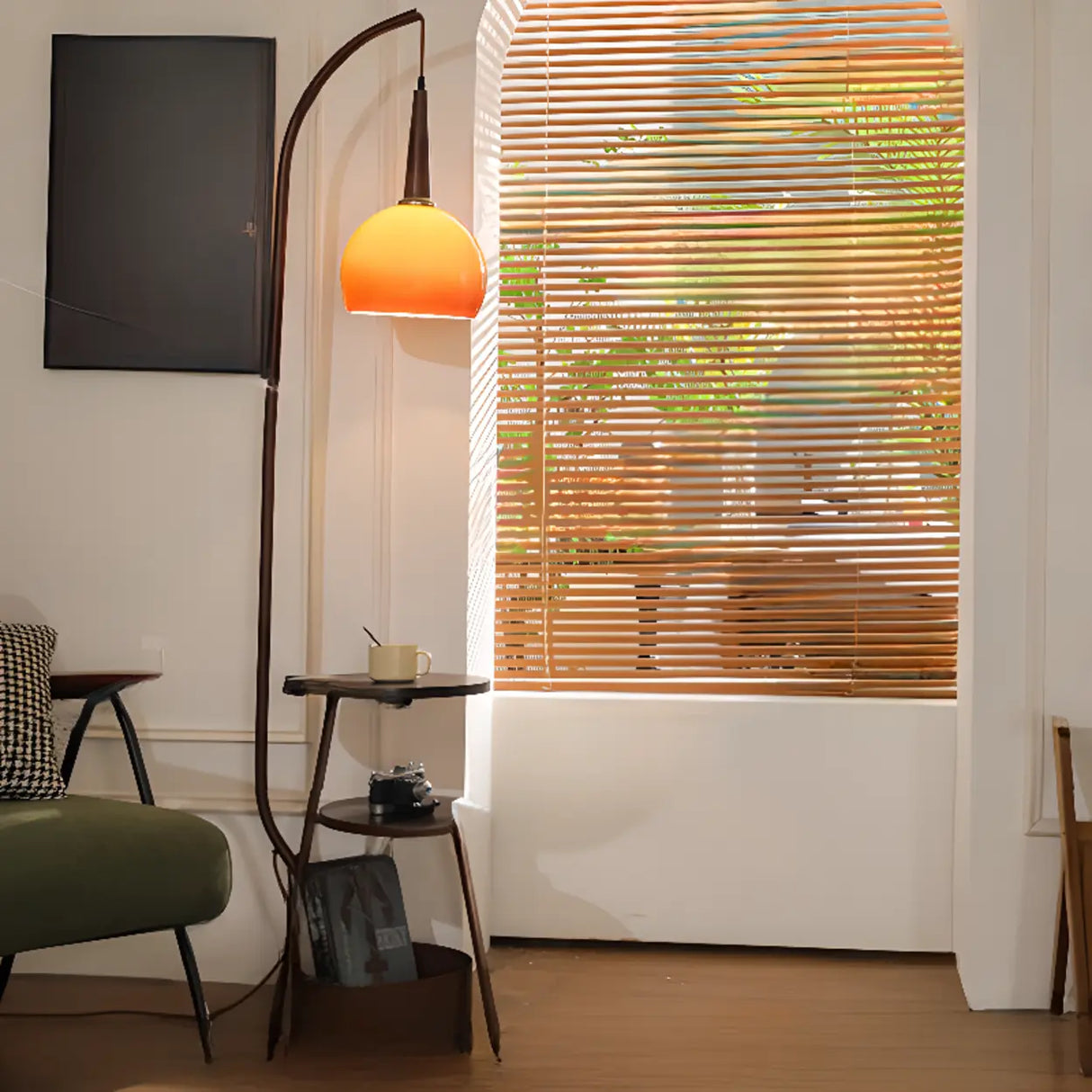 Modern Arc Alloy Floor Lamp with Glass Shade and Shelves Walnut 20 Inch+ Living Room Lighting 1 Bulb Image - 5
