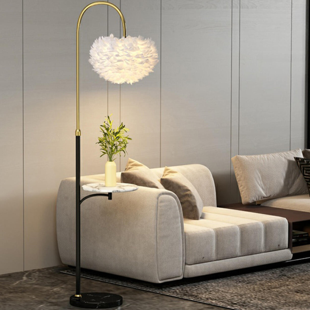Modern Arced White Feather Floor Lamp Side Table Image - 4