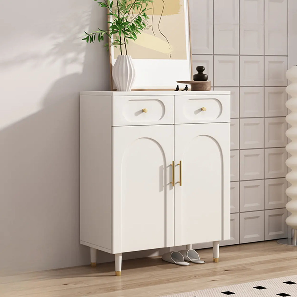 Modern Arch MDF Hallway White Medium Shoe Cabinet Image - 3