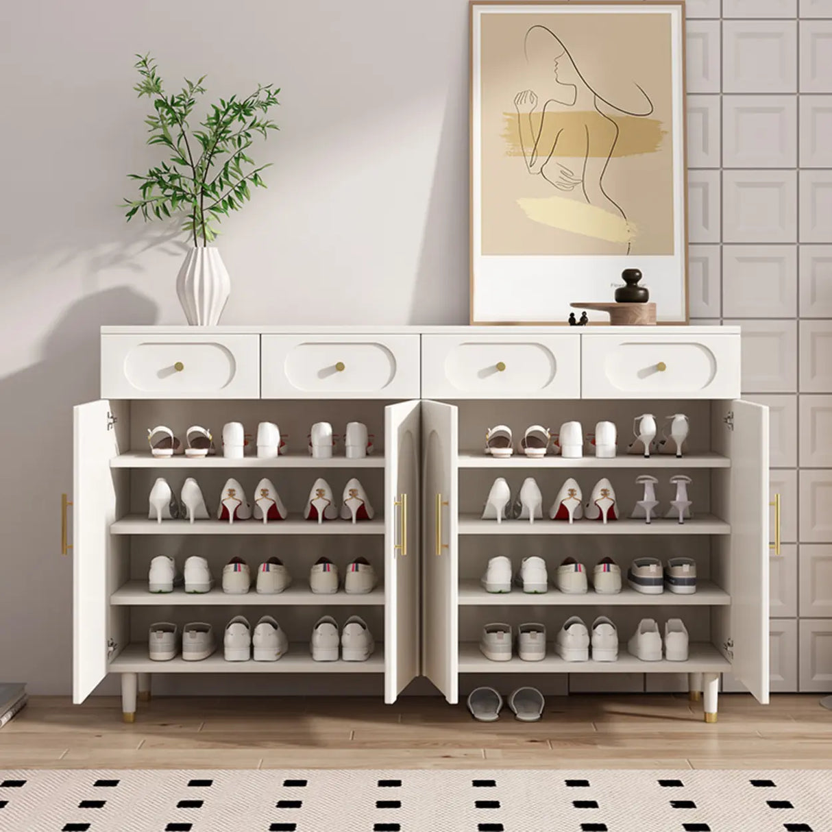 Modern Arch MDF Hallway White Medium Shoe Cabinet Image - 4