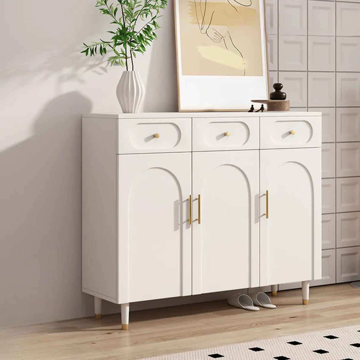 Modern Arch MDF Hallway White Medium Shoe Cabinet Image - 5