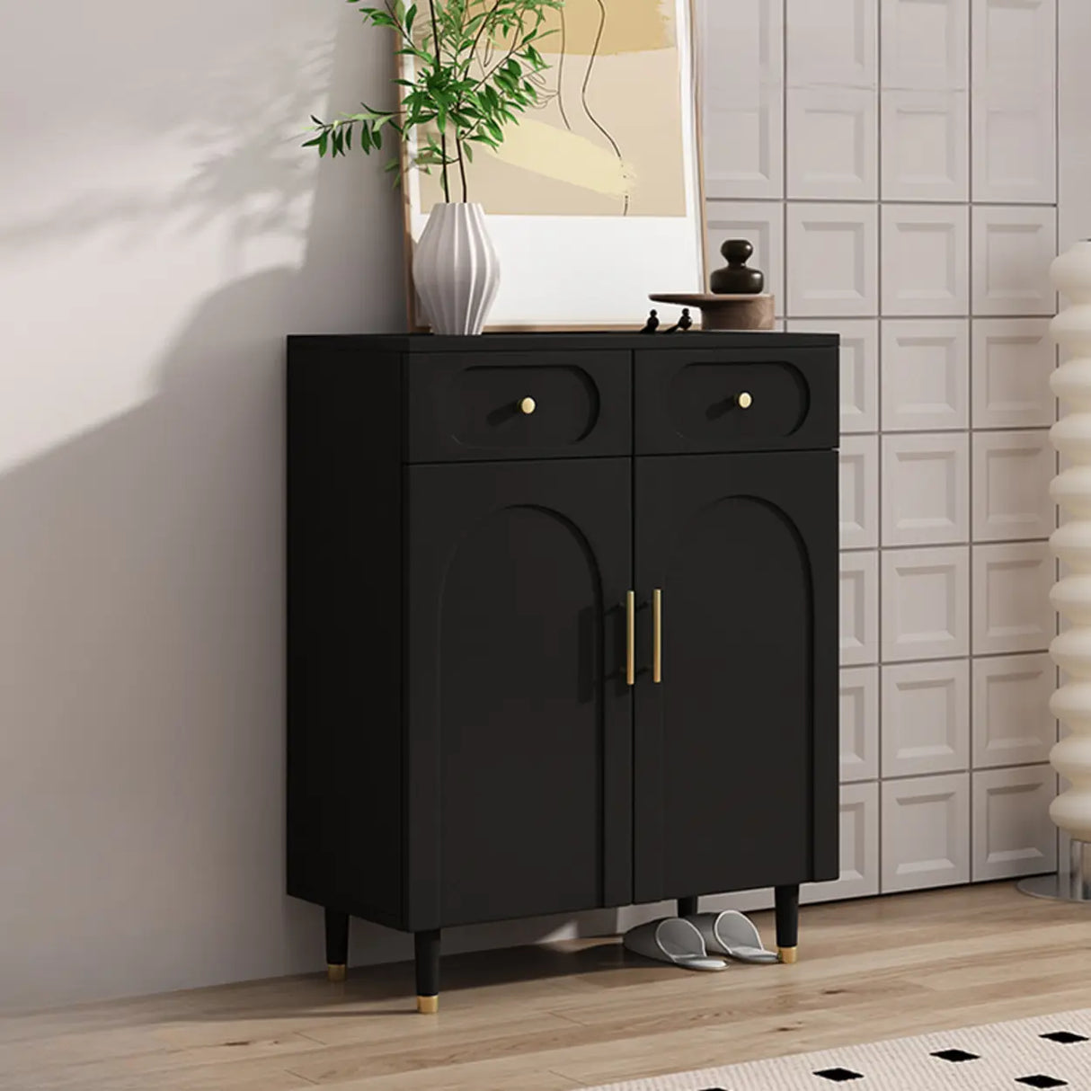 Modern Arch MDF Hallway White Medium Shoe Cabinet Image - 9