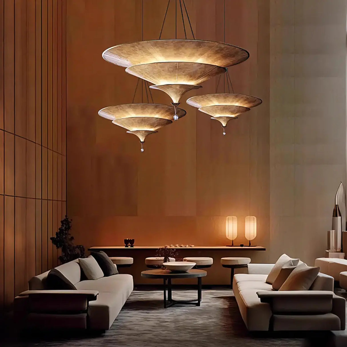 Modern Art Deco Parasol-Style Tiered Parchment Pendant Light Image - 2