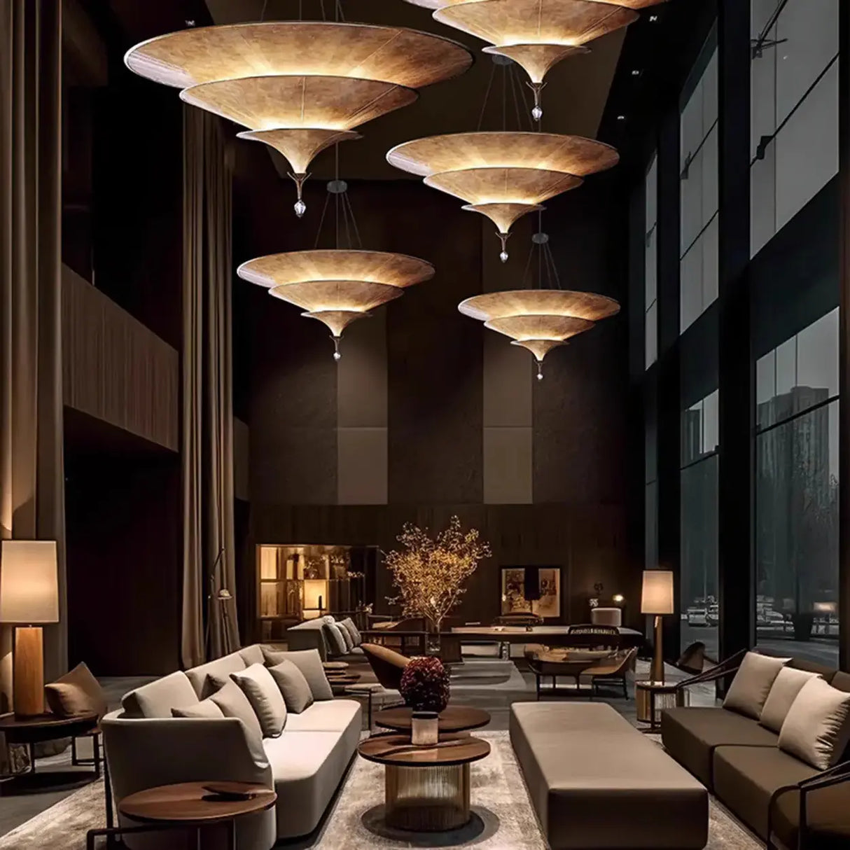 Modern Art Deco Parasol-Style Tiered Parchment Pendant Light Image - 4