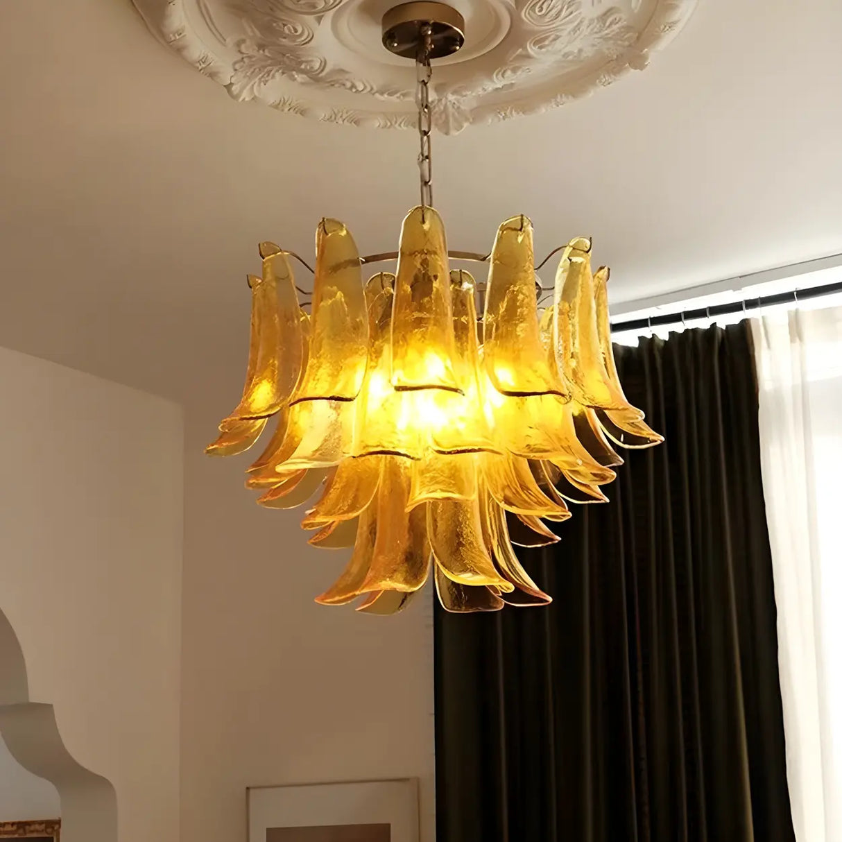 Modern Art Tiered Glass Flower Petal LED Chandelier Image - 7