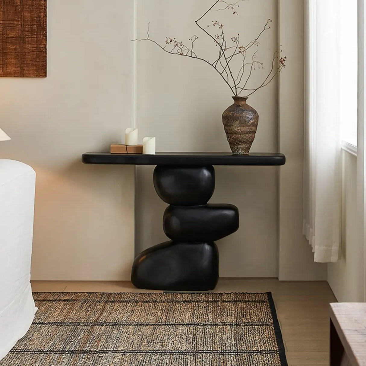 Modern Artistic Black Sculptural Pedestal Wood Console Table Image - 1