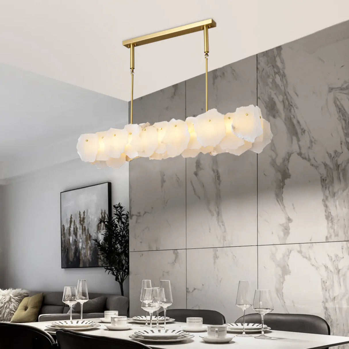 Modern Artistic Brass Alabaster linear Dining Room Island Light Image - 2