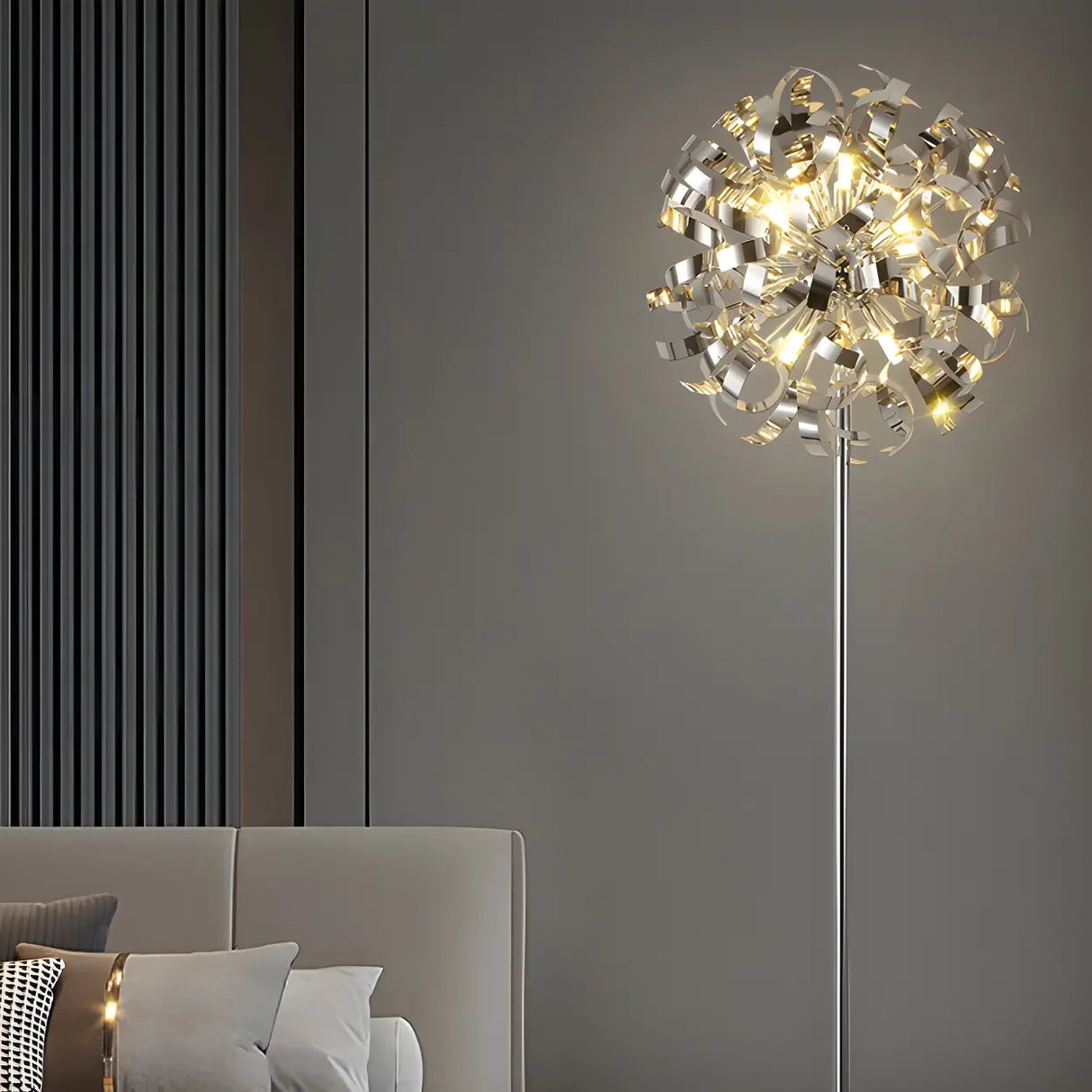 Modern Artistic Sliver Ribbon Globe Metal Floor Lamp Image - 4