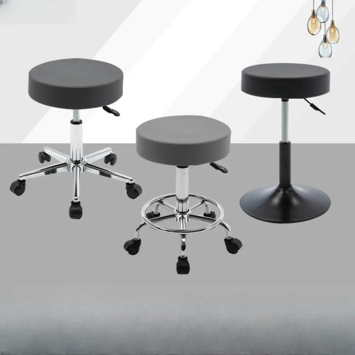 Modern Backless Black Round Steel Office Stool with Wheels Image - 1