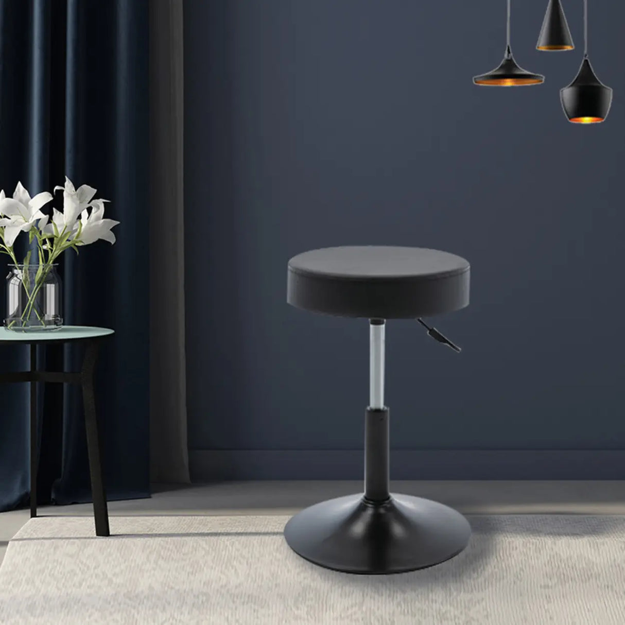 Modern Backless Black Round Steel Office Stool with Wheels Image - 2