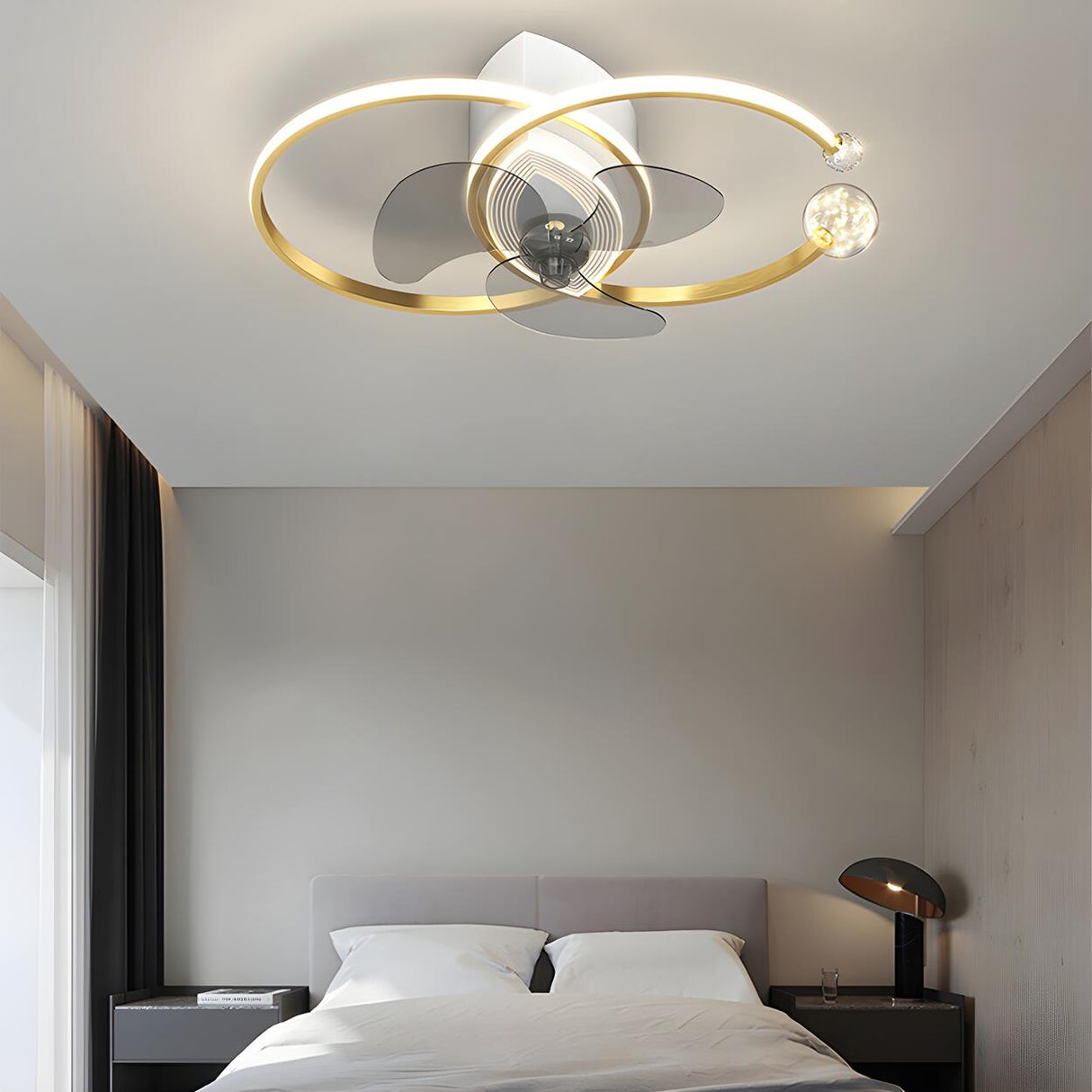 Modern Ball Decor Metal Double Ring Ceiling Fan Light Image - 12