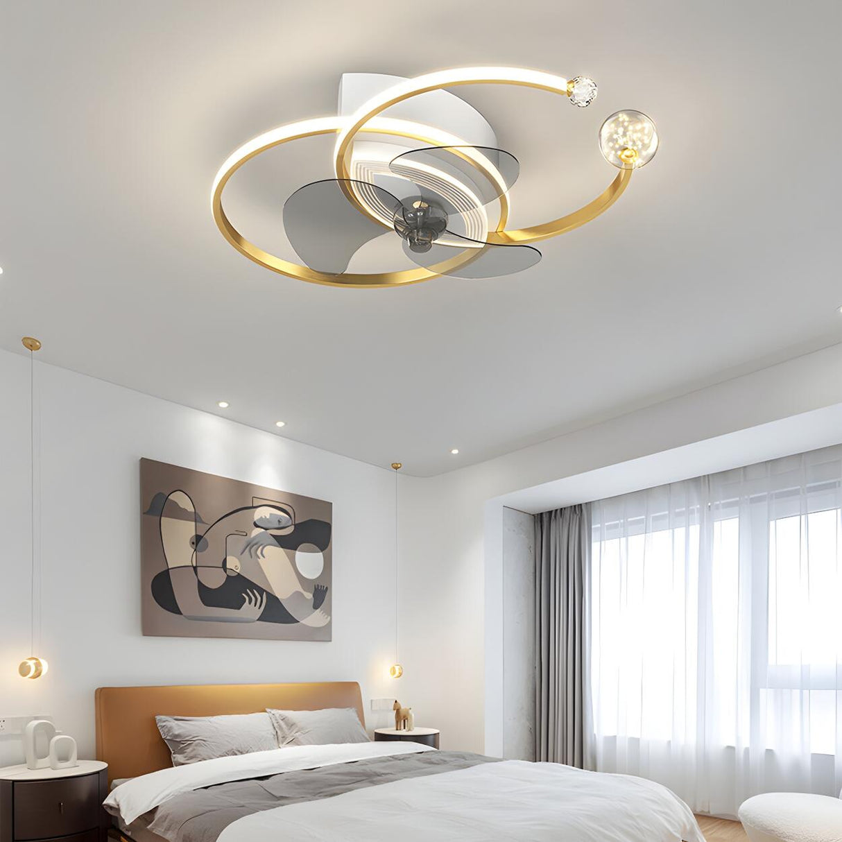 Modern Ball Decor Metal Double Ring Ceiling Fan Light Image - 13