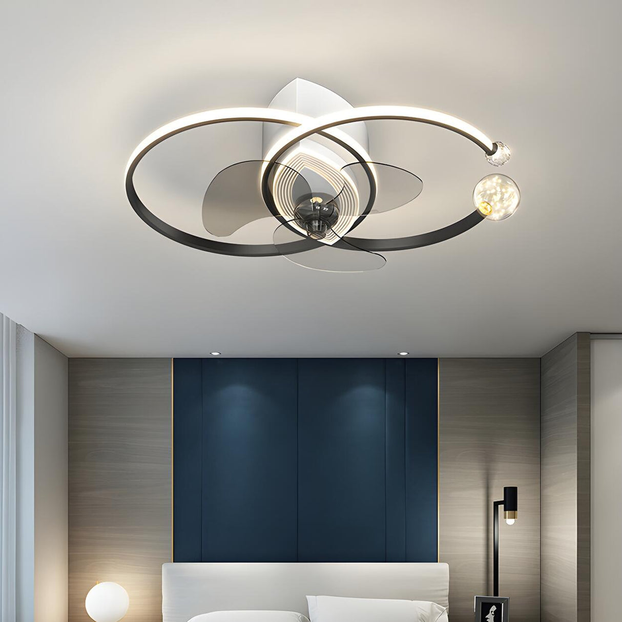 Modern Ball Decor Metal Double Ring Ceiling Fan Light Image - 14