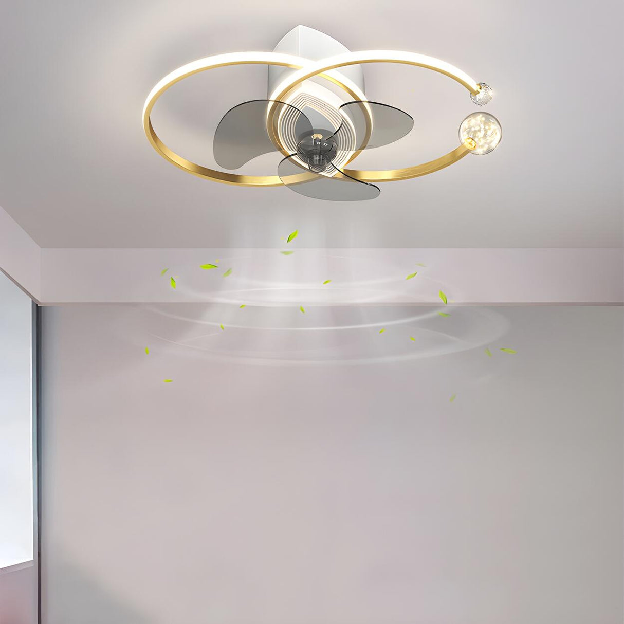 Modern Ball Decor Metal Double Ring Ceiling Fan Light Image - 15