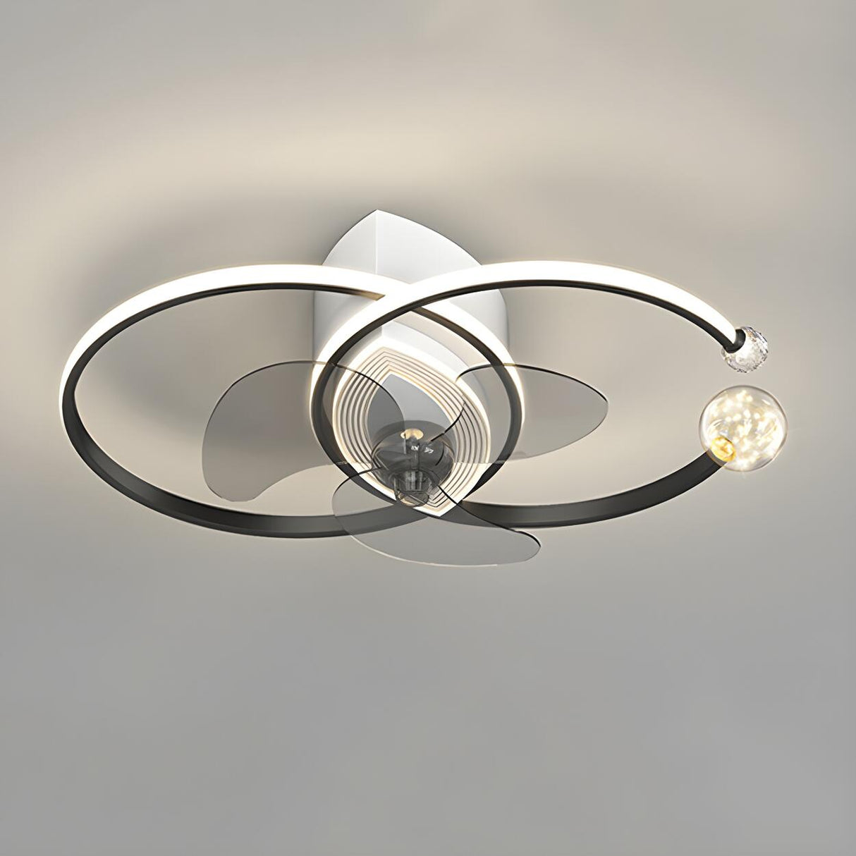 Modern Ball Decor Metal Double Ring Ceiling Fan Light Image - 2