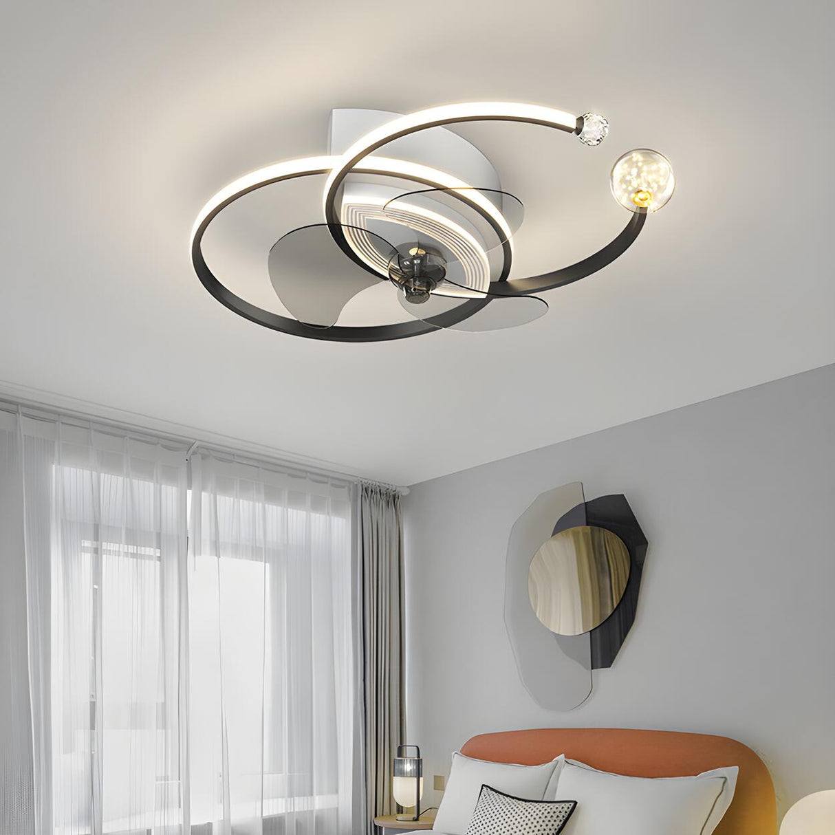 Modern Ball Decor Metal Double Ring Ceiling Fan Light Image - 3