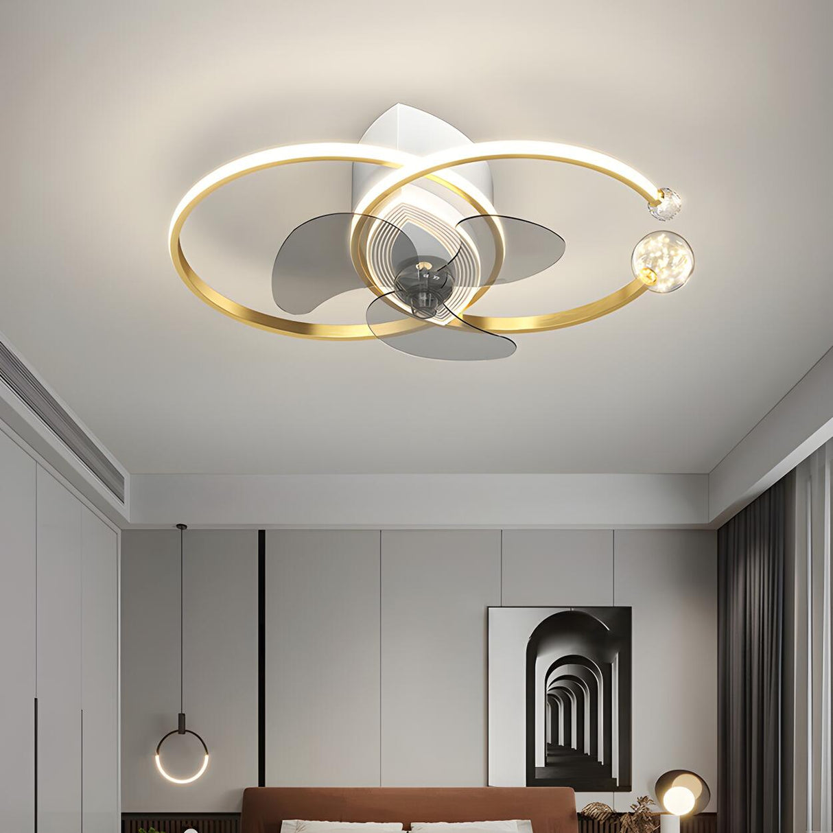Modern Ball Decor Metal Double Ring Ceiling Fan Light Image - 4