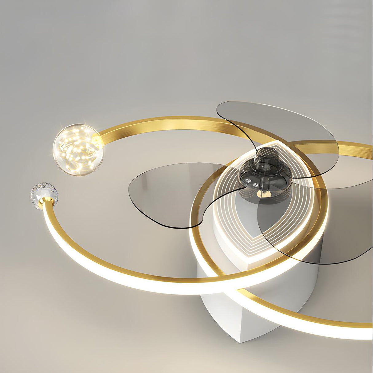Modern Ball Decor Metal Double Ring Ceiling Fan Light Image - 5