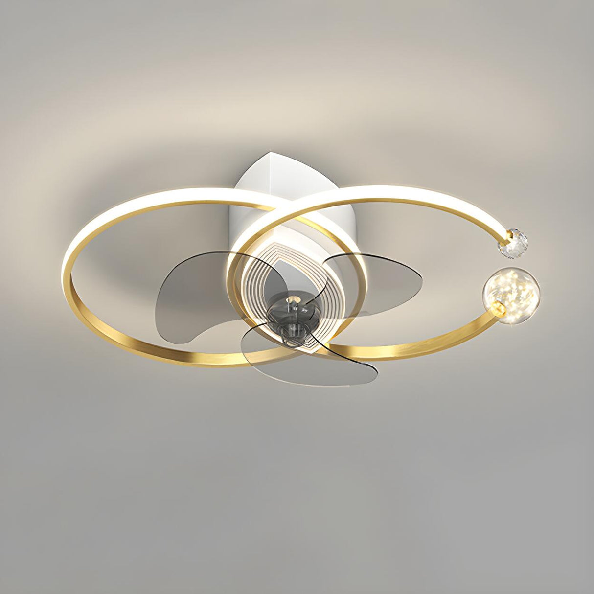 Modern Ball Decor Metal Double Ring Ceiling Fan Light Image - 8