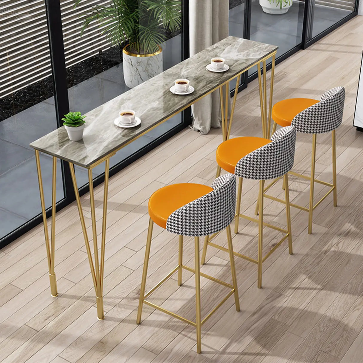 Modern Bar Table Set with 4 Houndstooth Gold Stools Image - 1